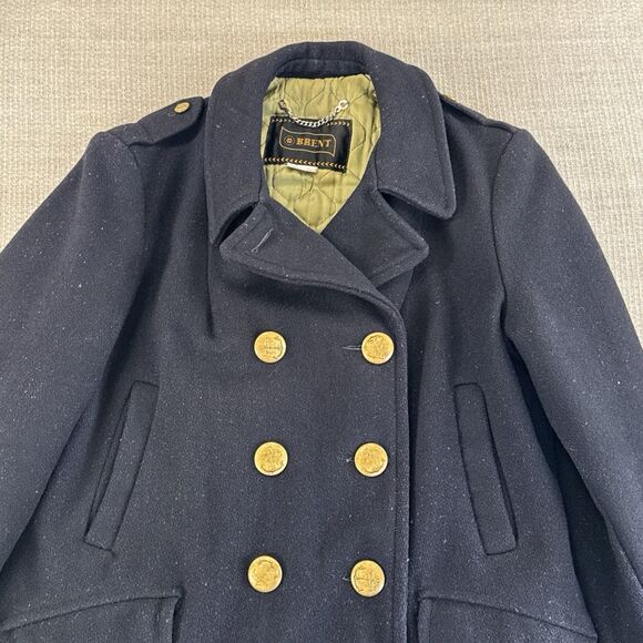 Vtg Brent Black Wool Tweed Pea Coat Double Breasted Nautical Military Inspired M - Picture 2 of 11